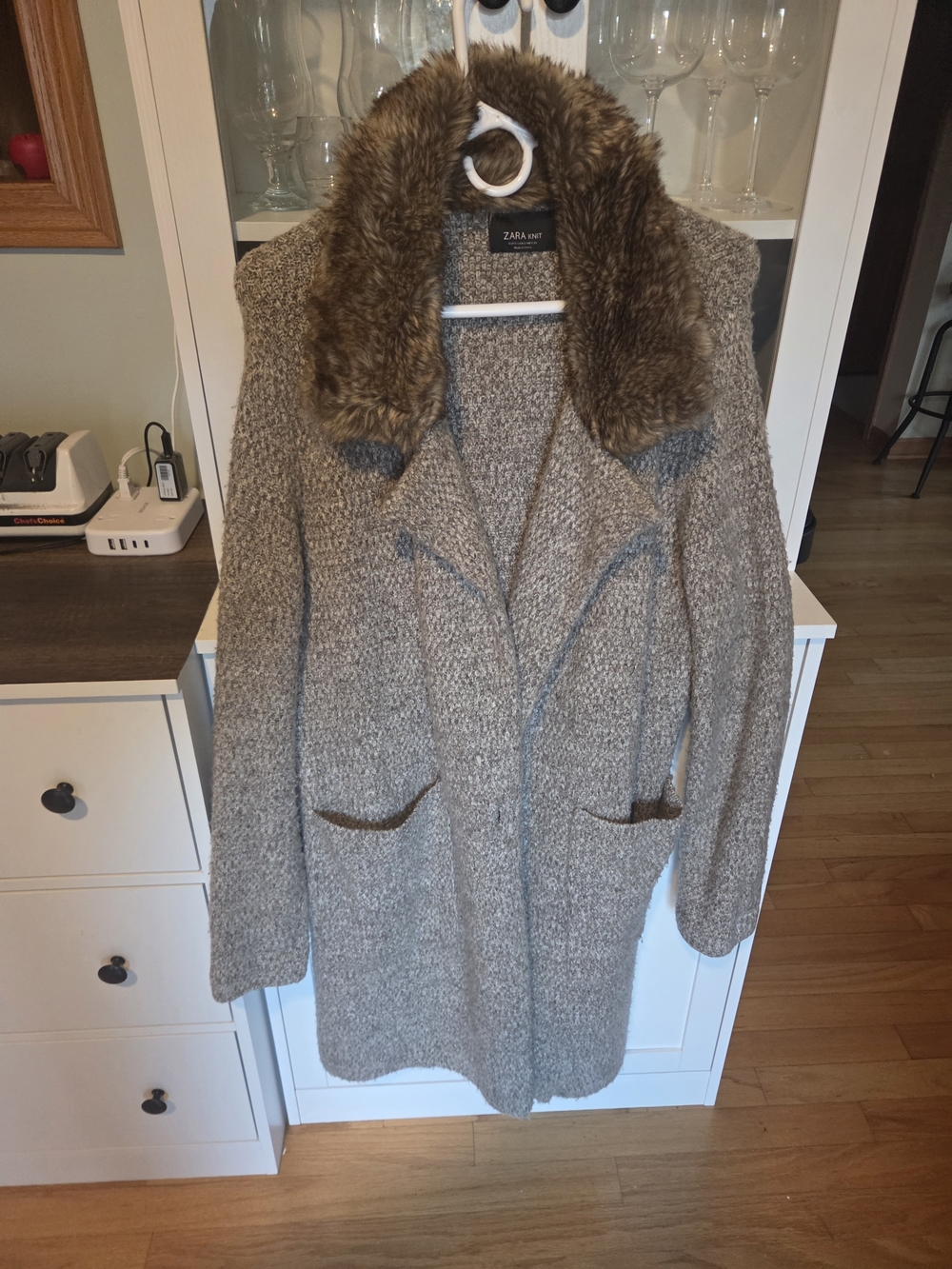 ZARA Beige Knit Trench Coat with Faux-Fur Collar